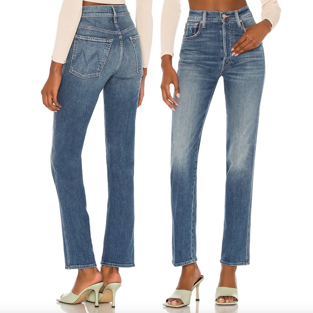 MOTHER High Waisted Double Hiker Skimp Straight Leg Jeans in Love Bombs